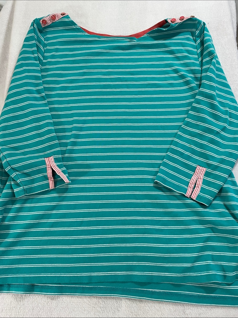 Rafaella Teal and White Striped Long Sleeve Top with Coral Trim